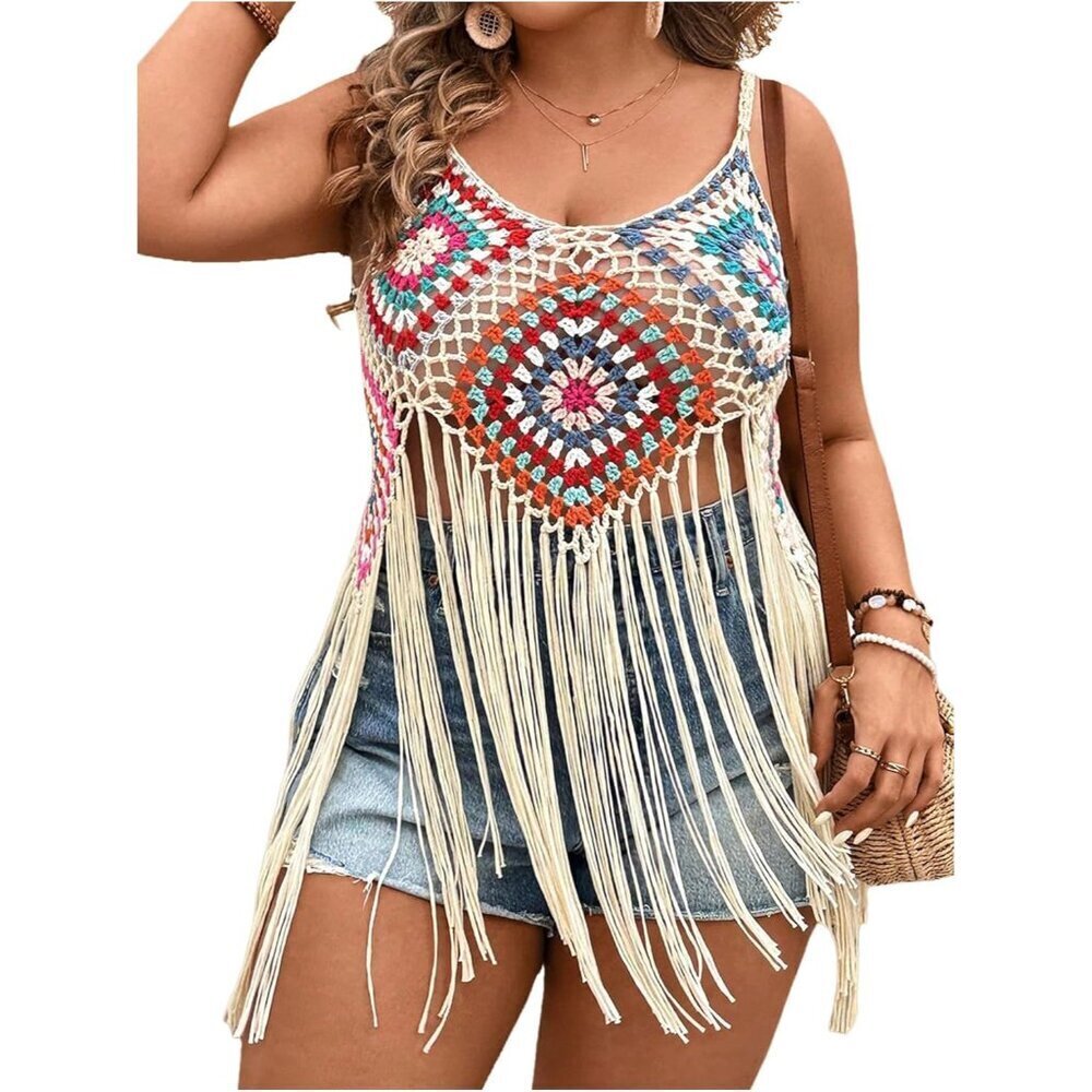 Plus Size Women's Floral Crochet Cami Top Boho Hollow Out Fringe Sleeveless Cove